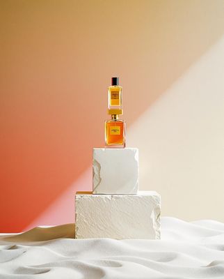 a bottle of perfume sitting on top of a white block