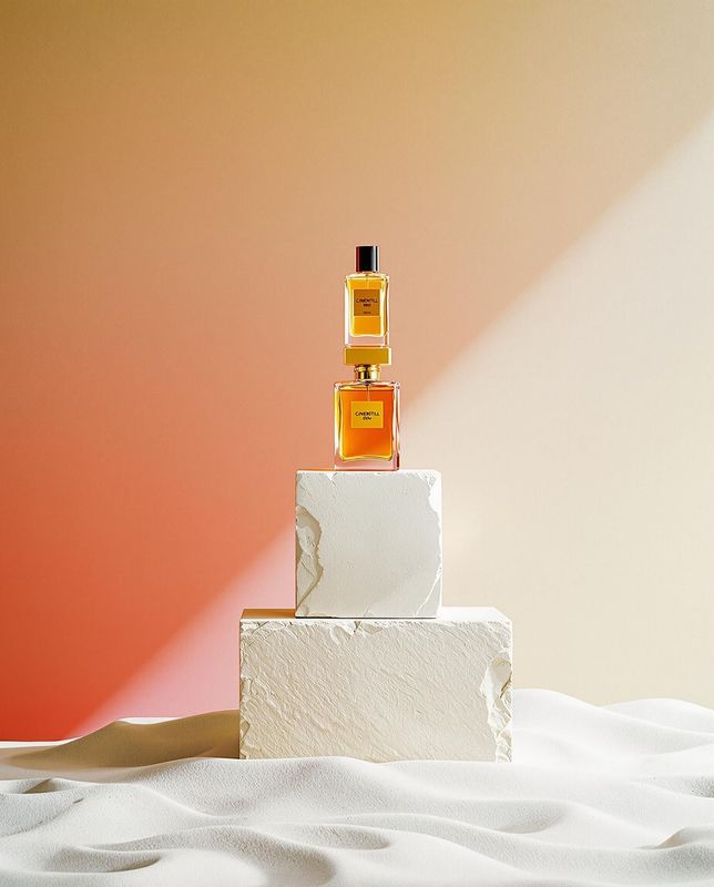 a bottle of perfume sitting on top of a white block