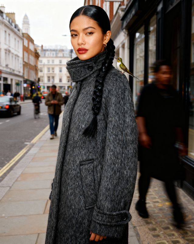 a woman standing on a sidewalk next to a building