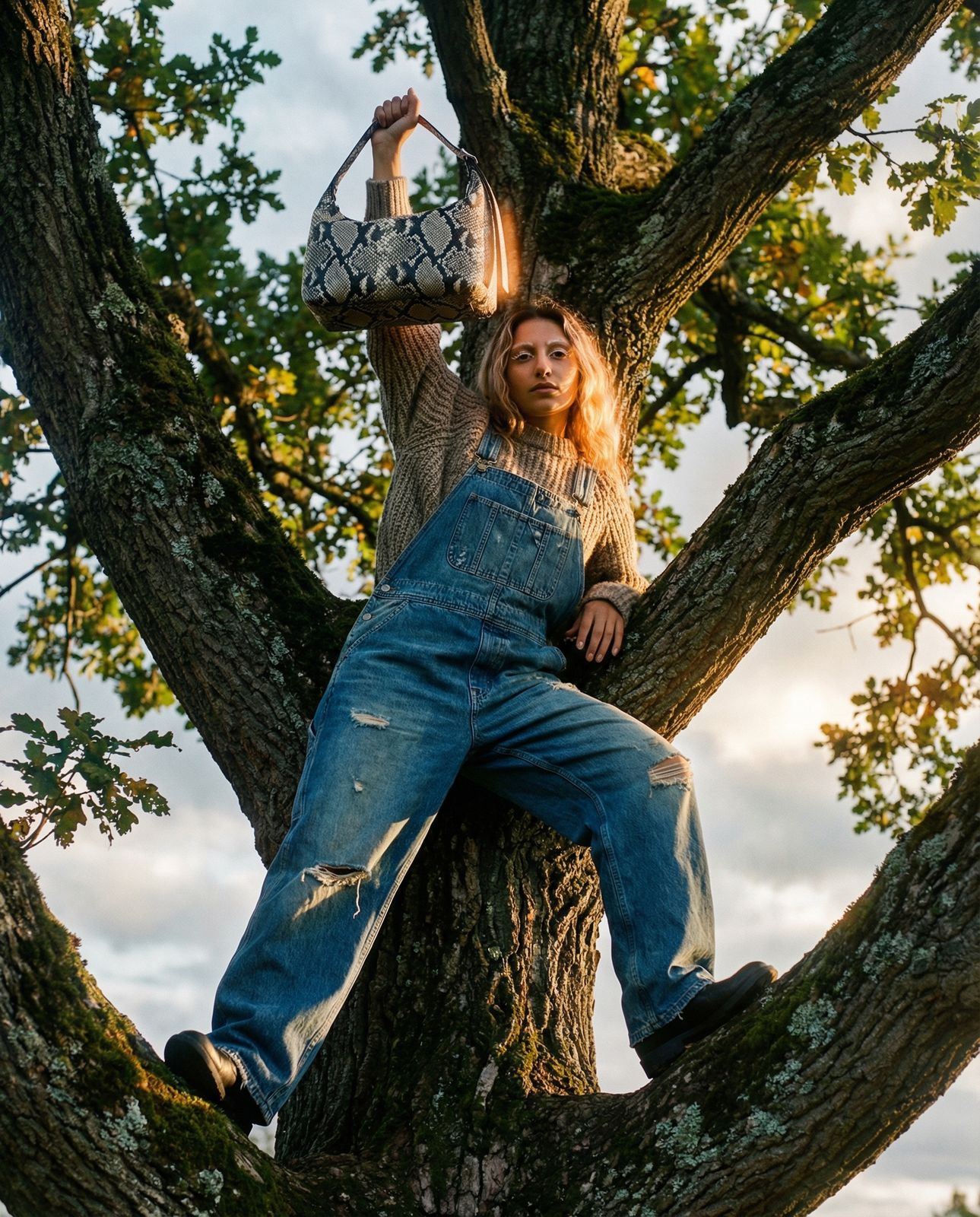 a man in overalls sitting in a tree