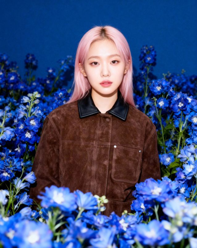 a woman with pink hair standing in a field of blue flowers
