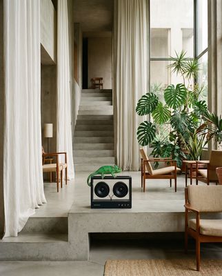 a pair of speakers sitting on top of a table