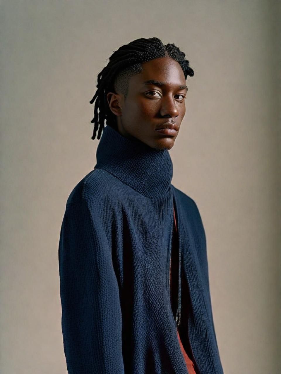 a man with dreadlocks wearing a blue sweater