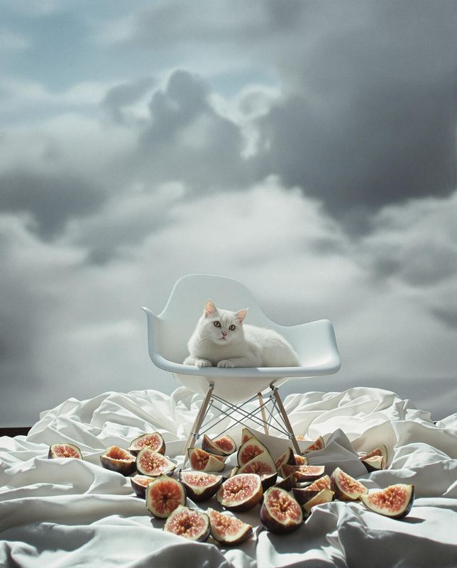 a white cat sitting on top of a white chair