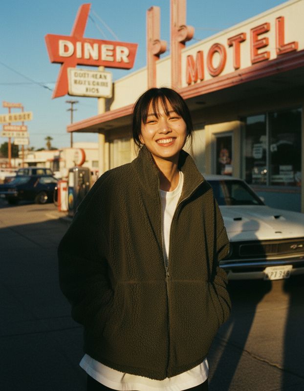 a woman standing in front of a motel