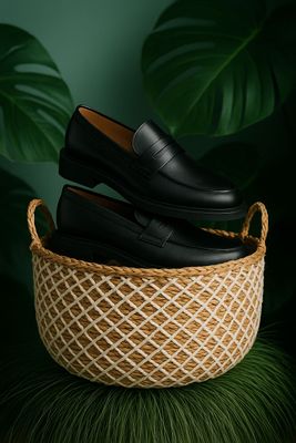 a pair of black shoes sitting on top of a basket