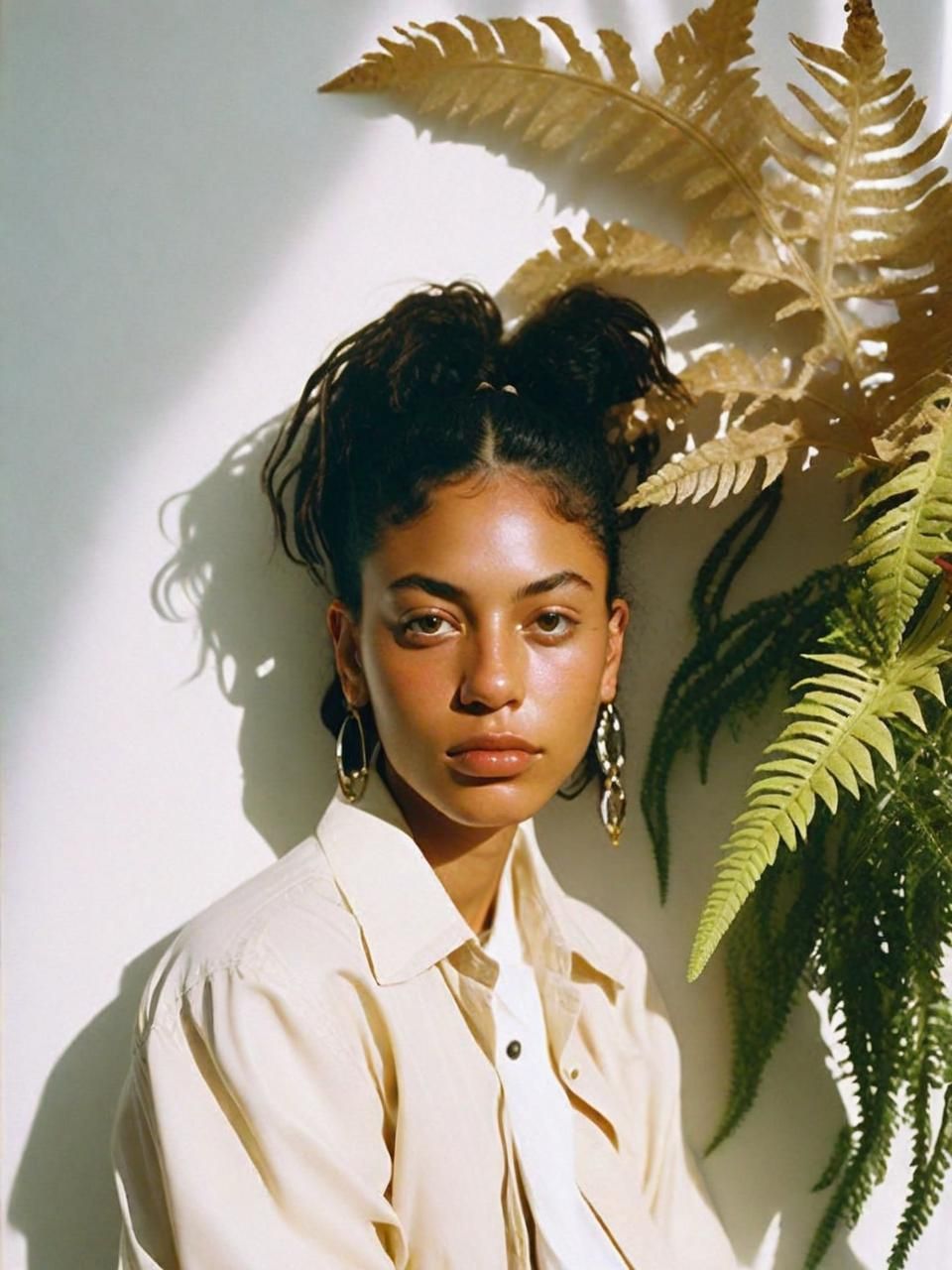 a woman standing in front of a plant