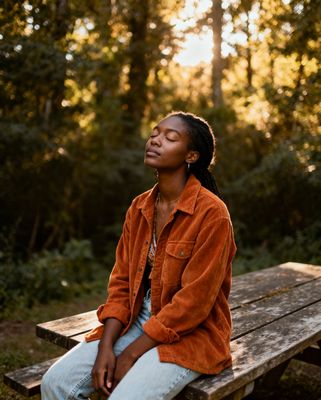 a woman sitting on a wooden bench in the woods