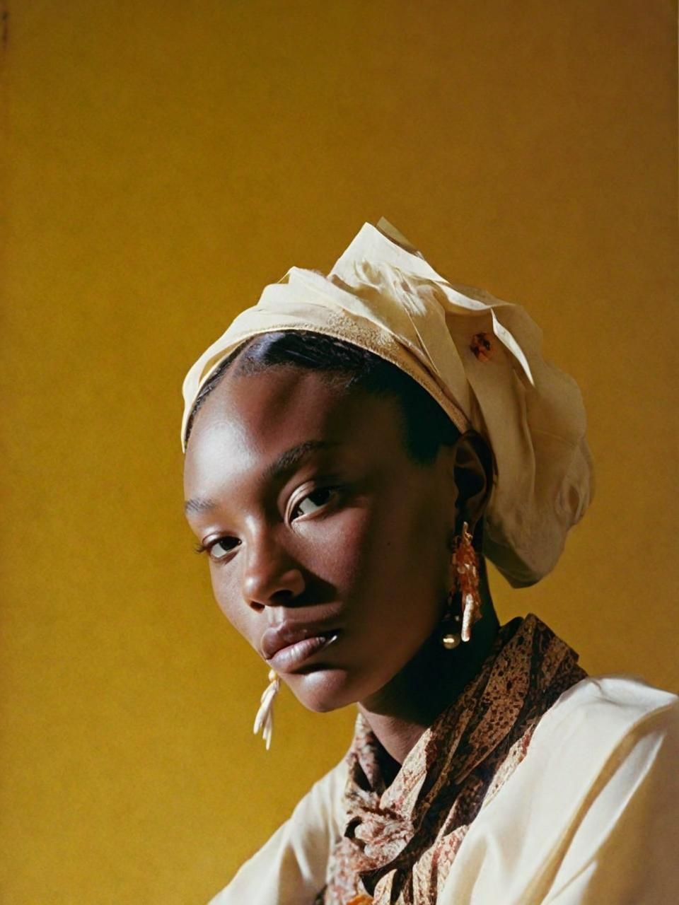 a woman in a white shirt and a yellow background