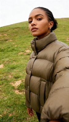 a woman in a puffy coat stands on a grassy hill