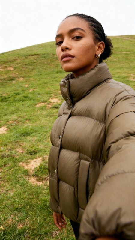 a woman in a puffy coat stands on a grassy hill