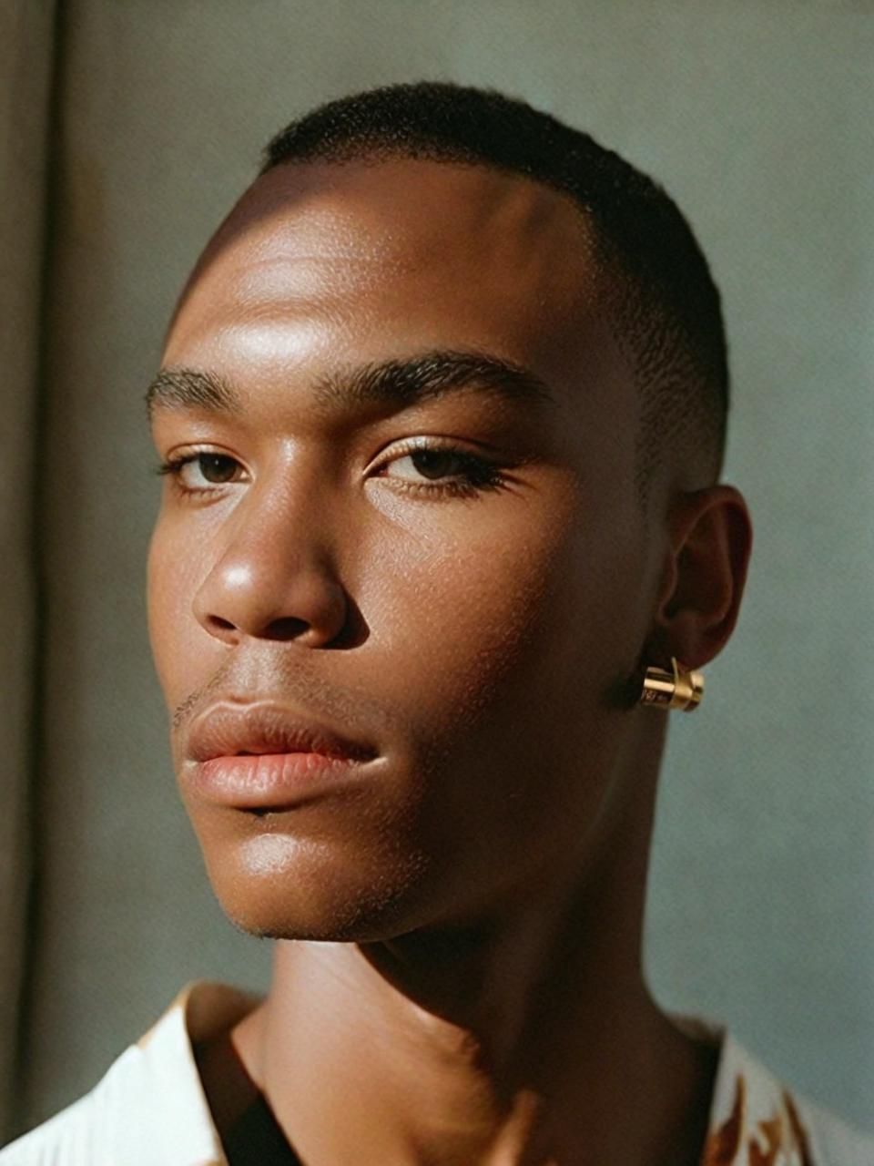 a close up of a person wearing a shirt and earrings