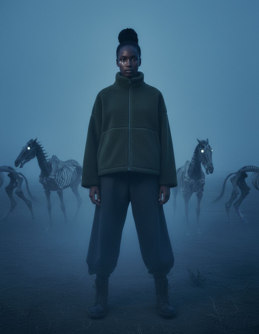 a woman standing in front of a group of horses