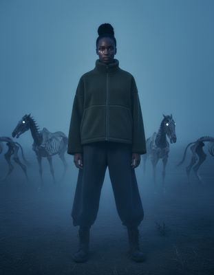 a woman standing in front of a group of horses
