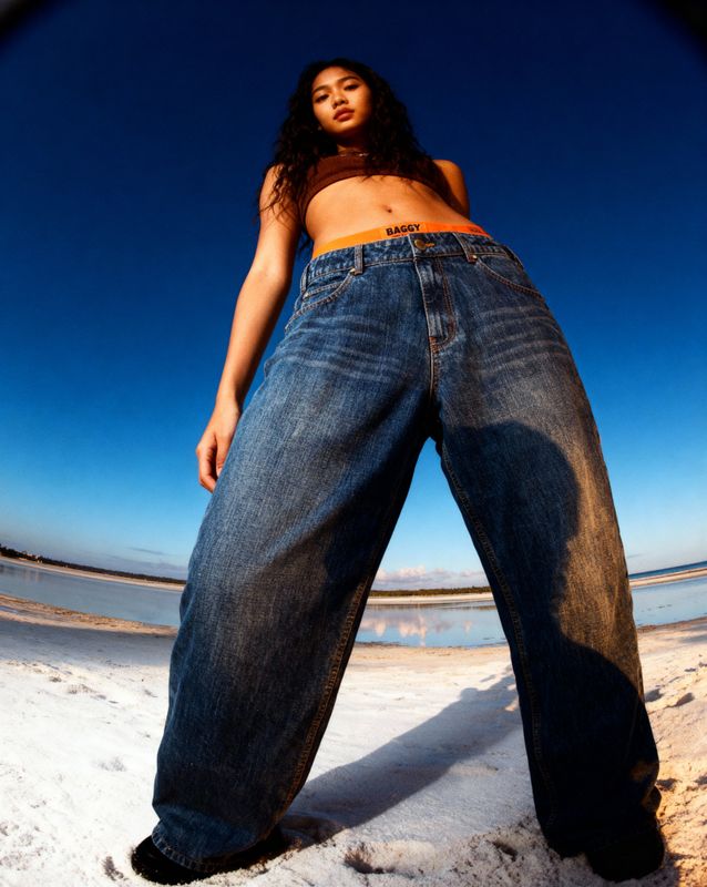 a woman standing on a beach in a pair of jeans