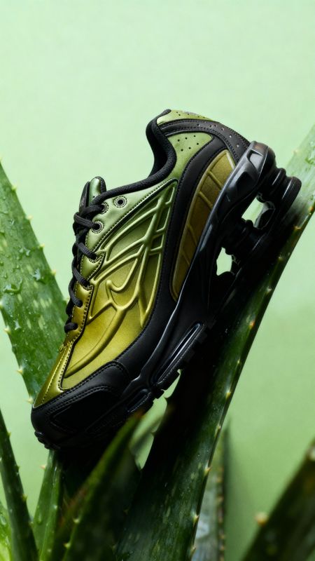 a close up of a shoe on top of a plant