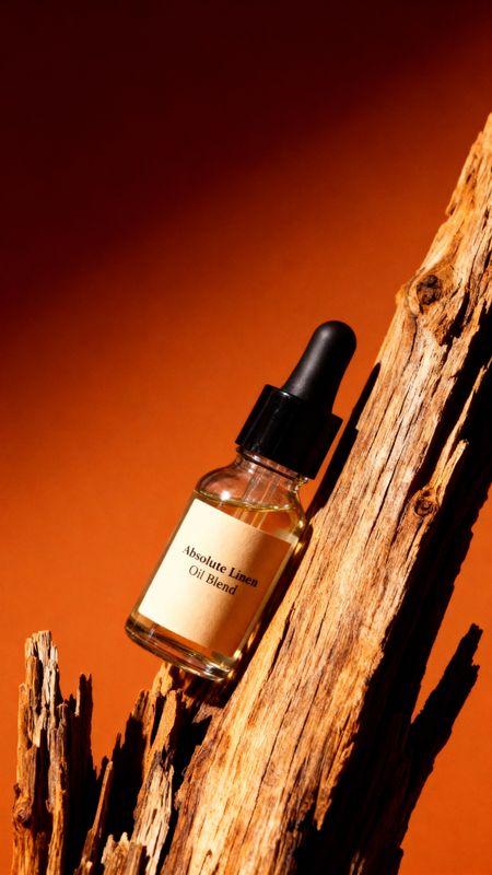 a bottle of perfume sitting on top of a wooden branch