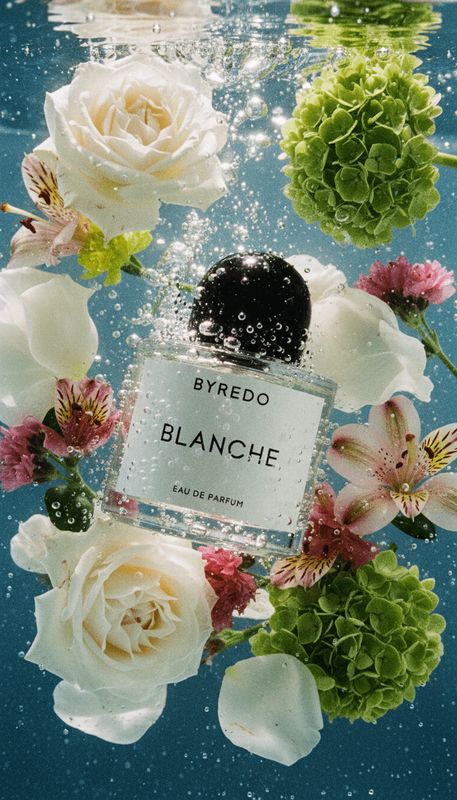 a bottle of blanche surrounded by flowers