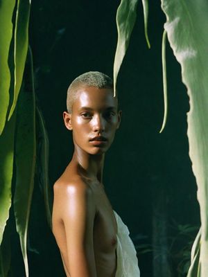 a woman in a white dress standing next to a plant