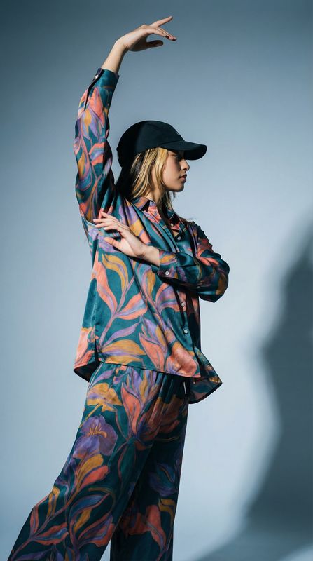 a woman in a colorful outfit and hat