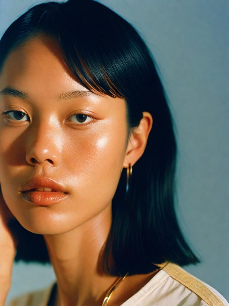 a woman is posing for a picture with her hand on her ear