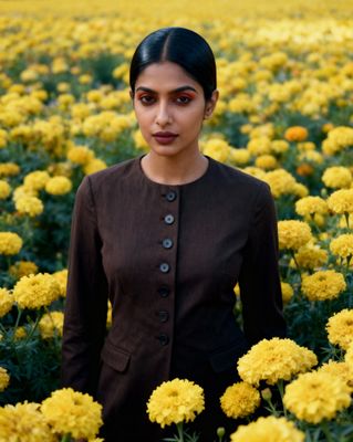 a woman standing in a field of yellow flowers