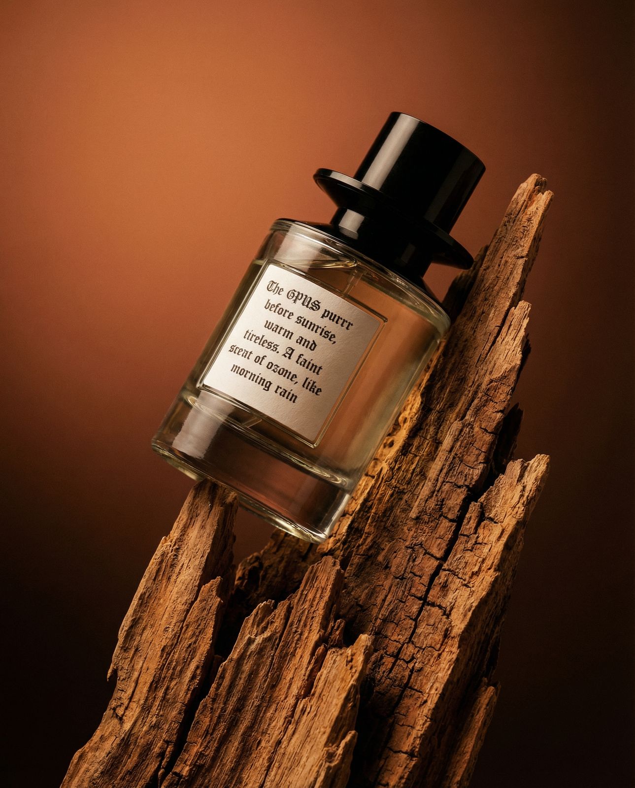 a bottle of perfume sitting on top of a piece of wood