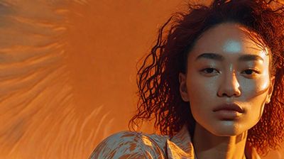 a young woman with a frizzy hair standing in front of an orange background