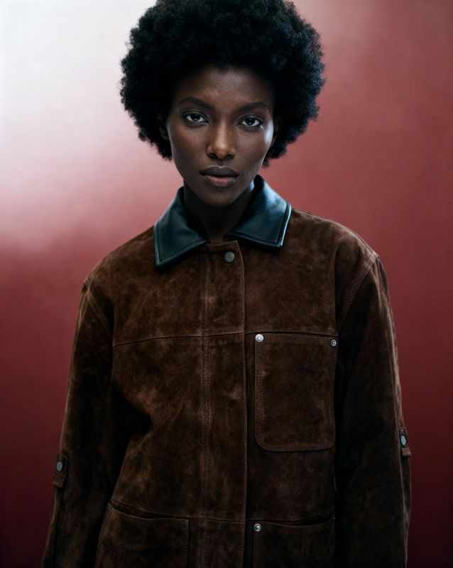 a woman with an afro standing in front of a red wall