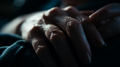 a close up of a person holding their hands together