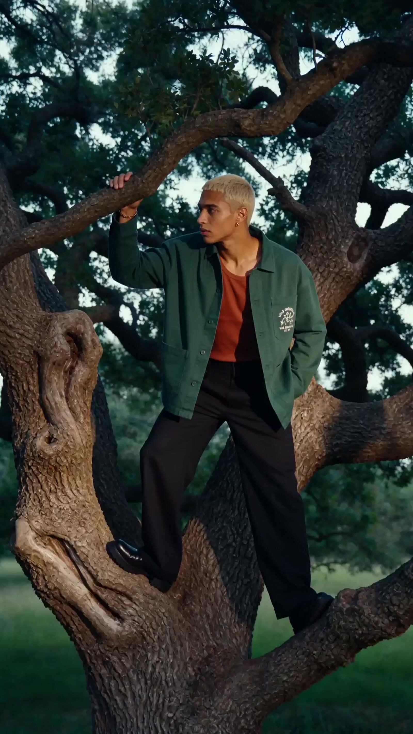 a man in a green jacket standing on a tree