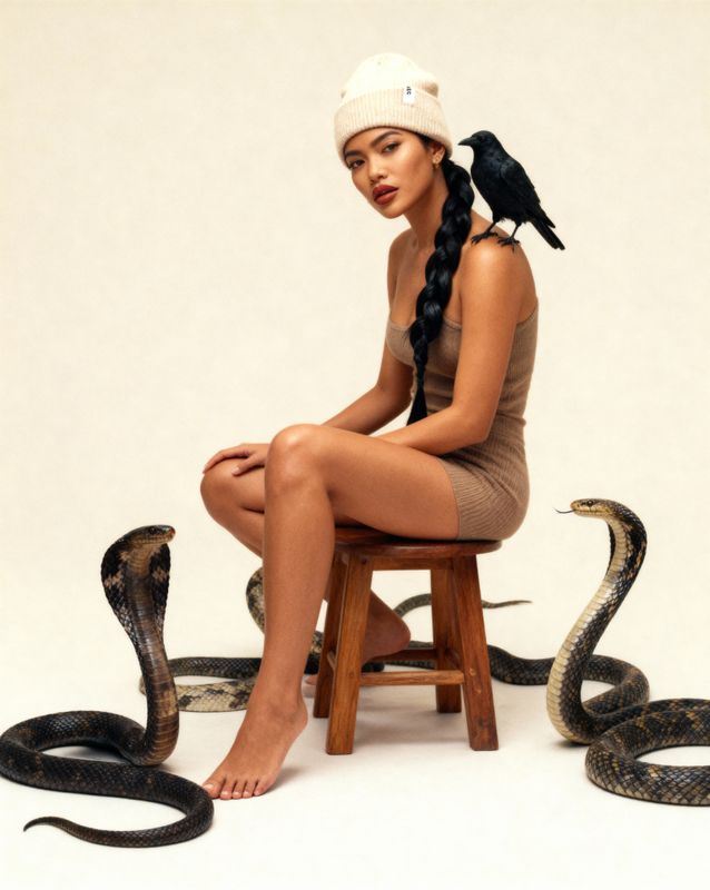 a woman sitting on a stool next to a snake