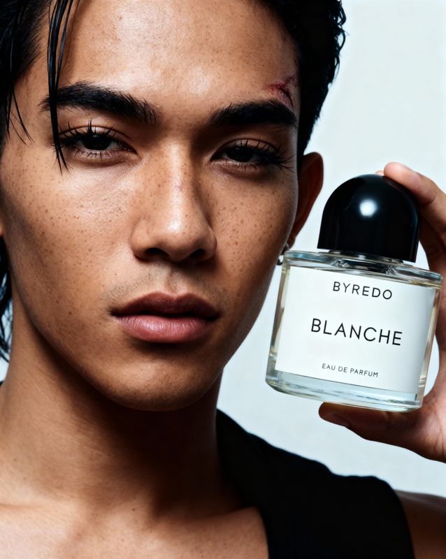 a young man holding a bottle of blyre do blancche