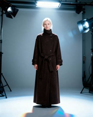 a woman in a brown coat standing in front of a light