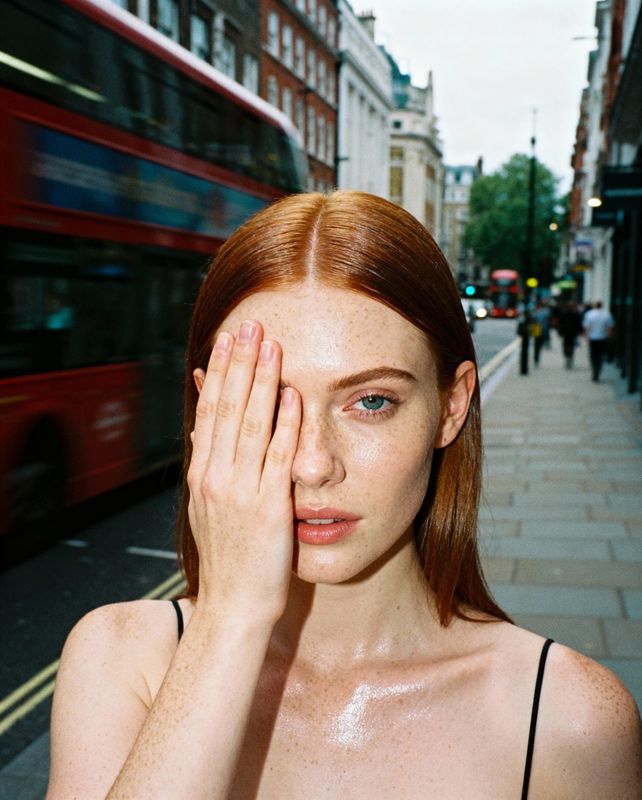 a woman standing on the side of a street holding her hand to her face