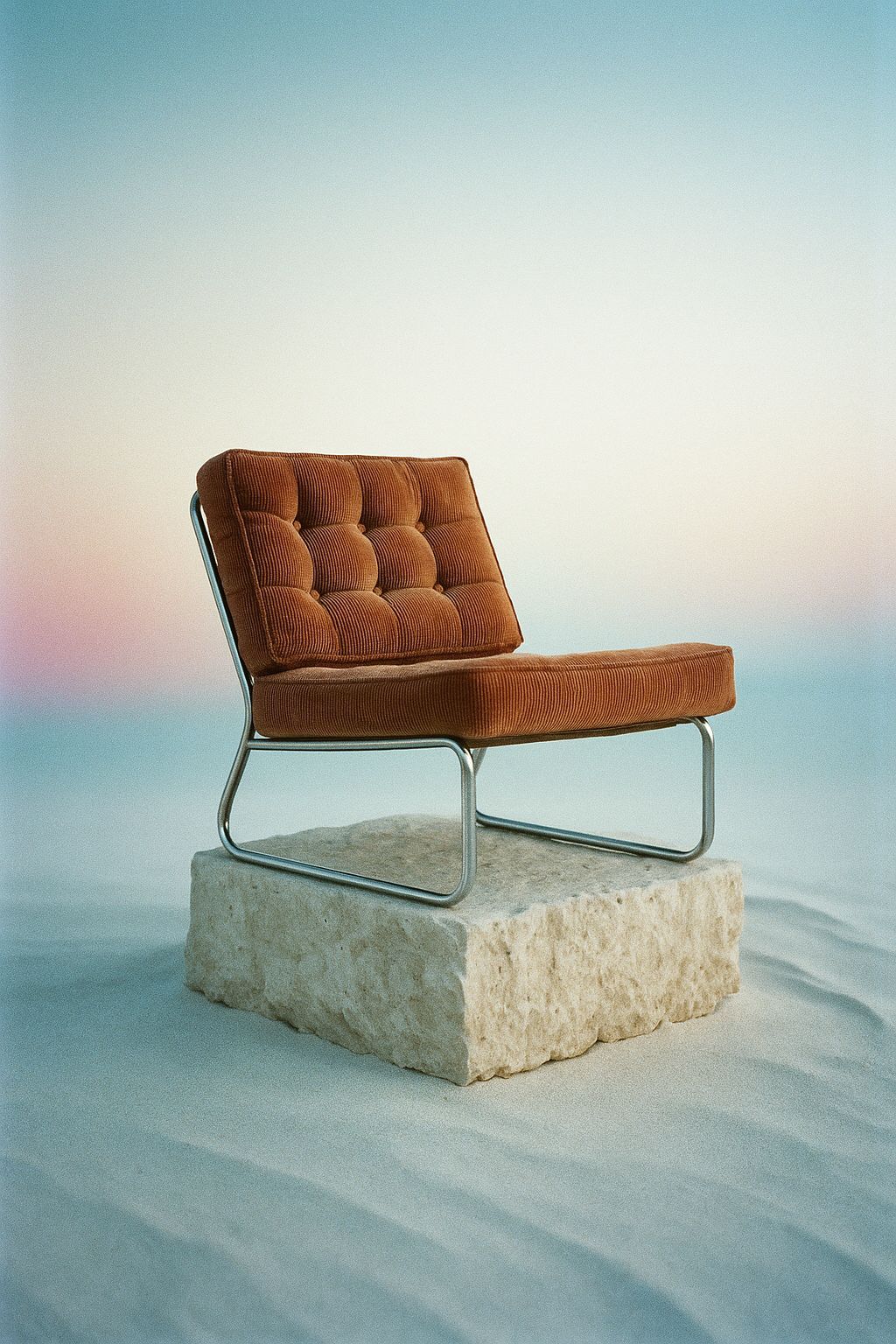 a chair sitting on top of a rock in the sand