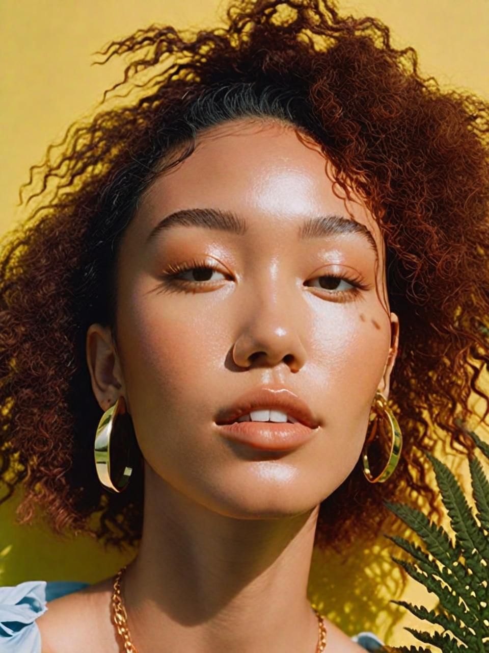 a woman with curly hair wearing a necklace and earrings