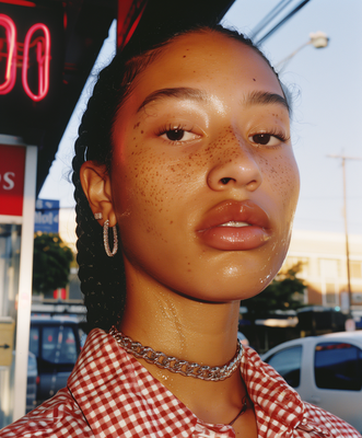 a close up of a person wearing a necklace