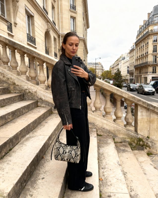 a woman standing on the steps of a building