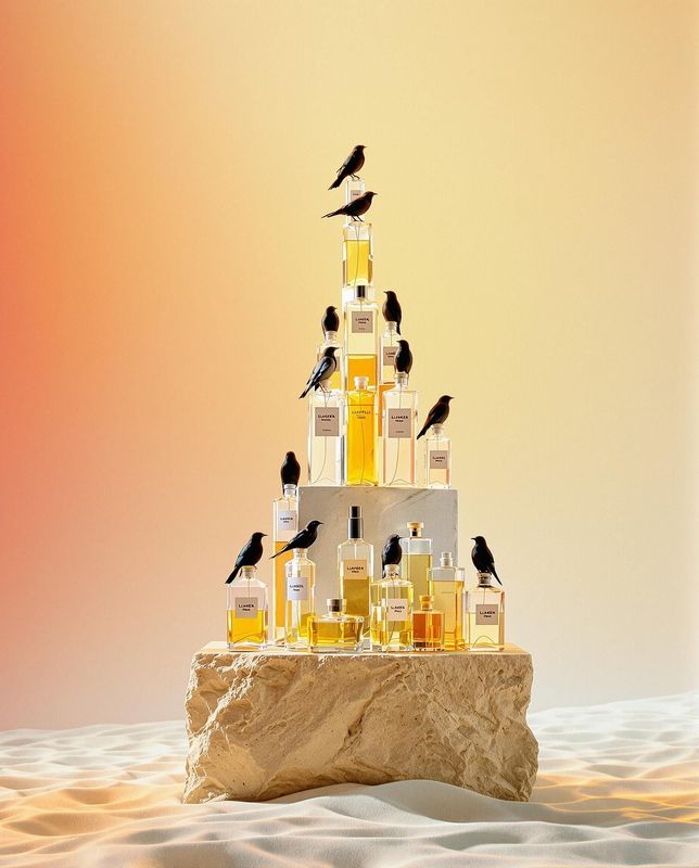 a tower of bottles with birds on top of it