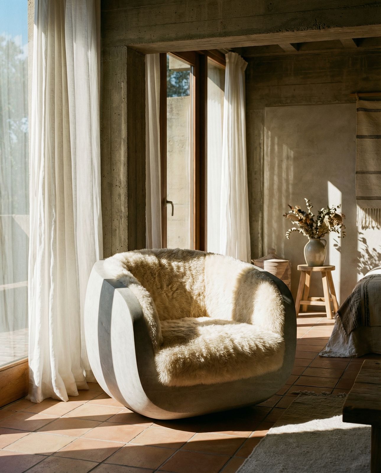 a living room with a chair and a fireplace