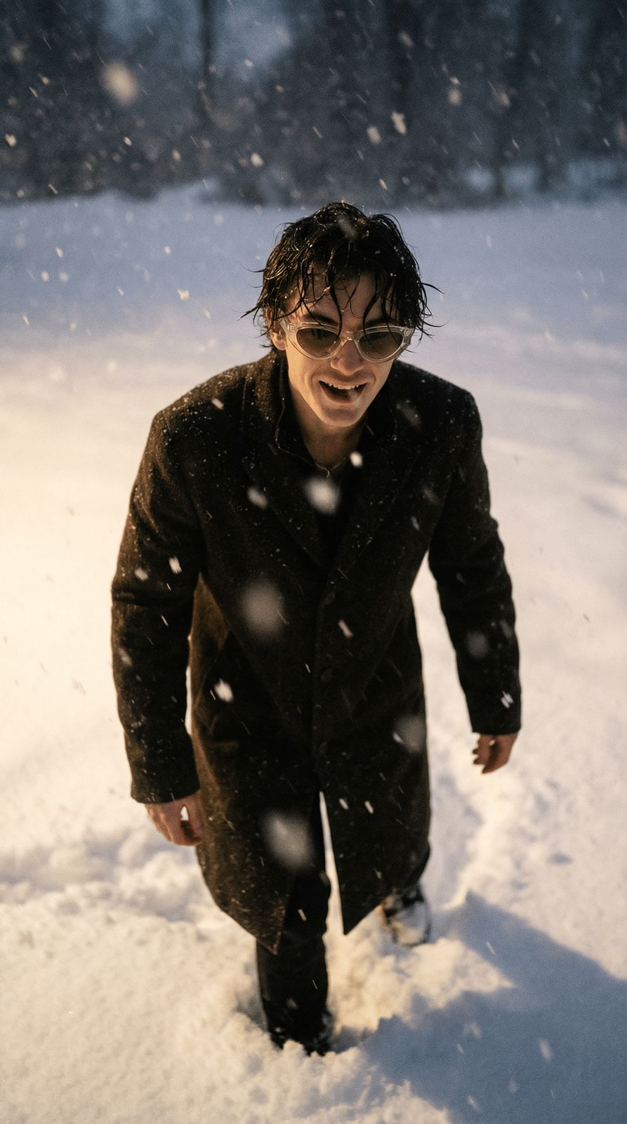 a man walking through the snow in a coat