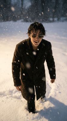 a man walking through the snow in a coat