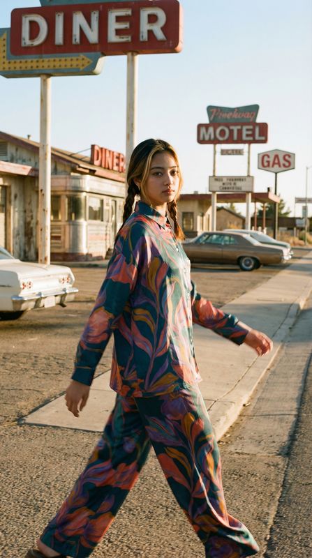a woman walking across a street in front of a diner