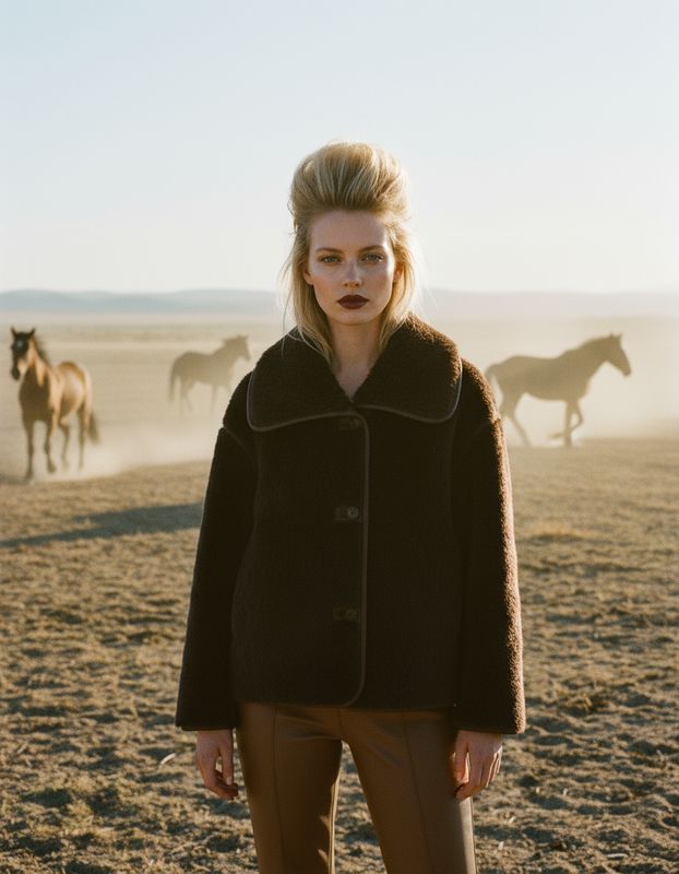 a woman standing in a field with horses behind her