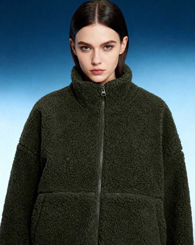 a woman wearing a green jacket and black pants