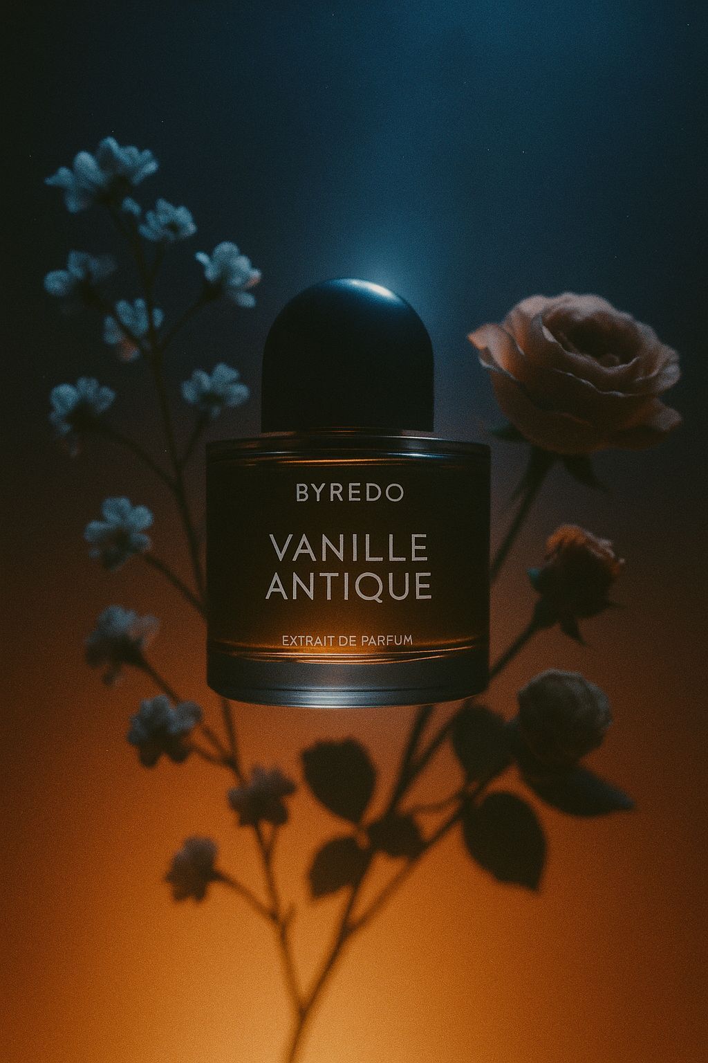 a bottle of perfume sitting next to a flower