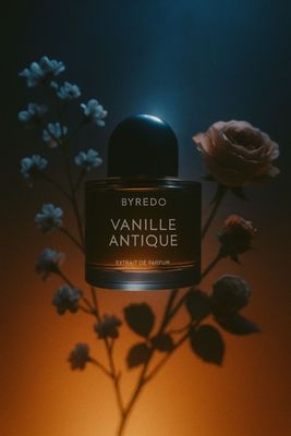 a bottle of perfume sitting next to a flower