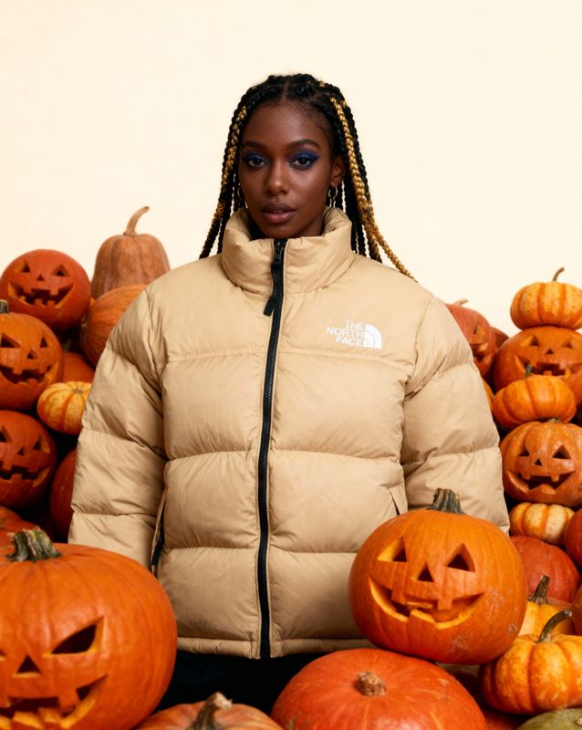 a woman standing in front of a pile of pumpkins