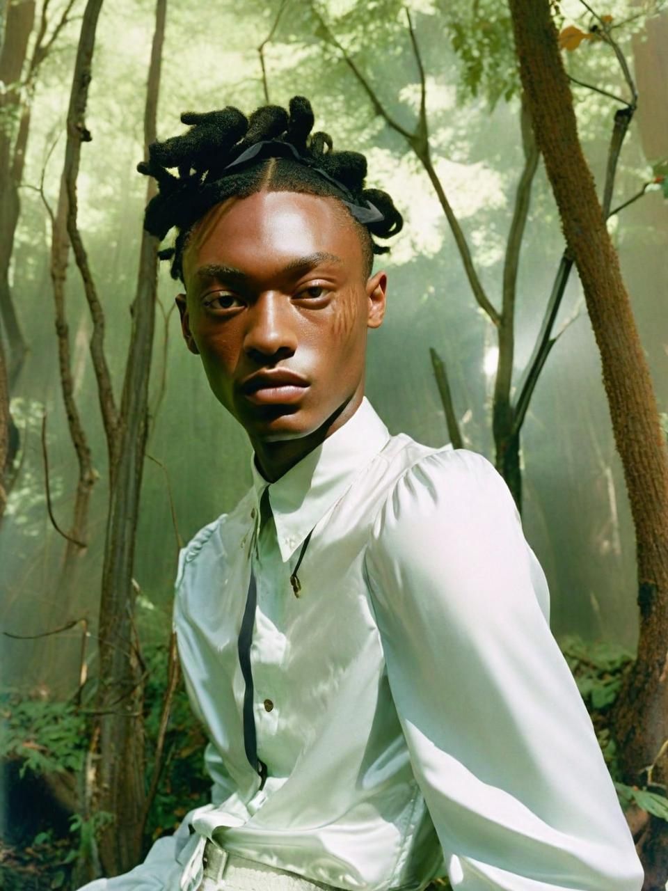 a man with dreadlocks sitting in the woods